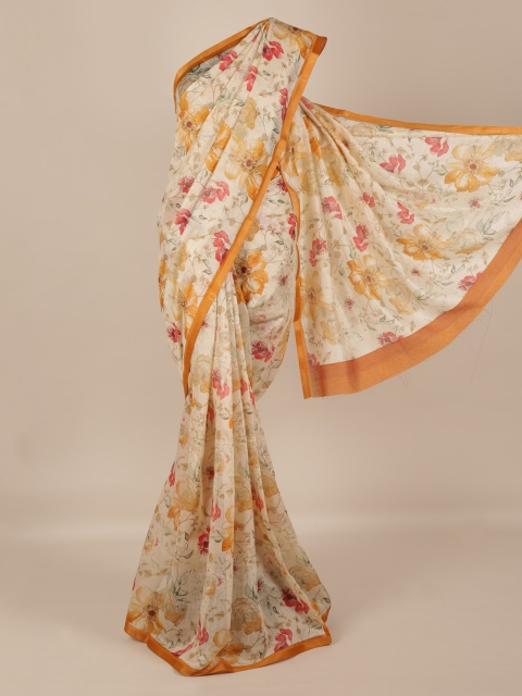 

Pothys Off-White & Orange Linen Blend Printed Saree