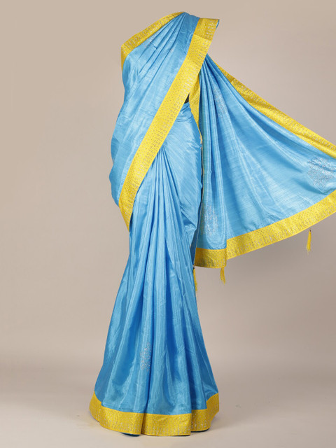 

Pothys Blue & Yellow Jute Silk Embellished Saree