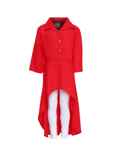 

Aarika Girls Red Solid Pure Cotton Shirt-Style Kurta with White Churidar