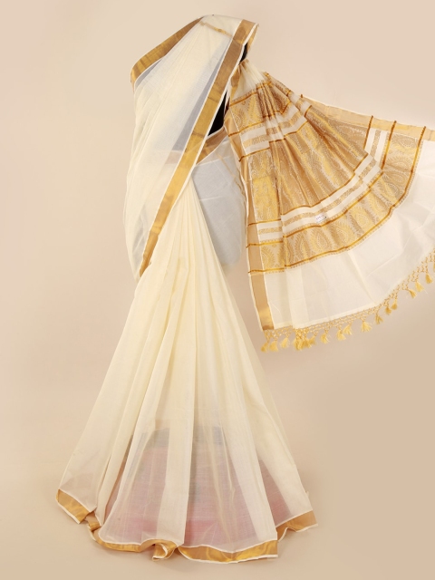 

Pothys Cream-Coloured & Gold-Toned Pure Cotton Solid Saree