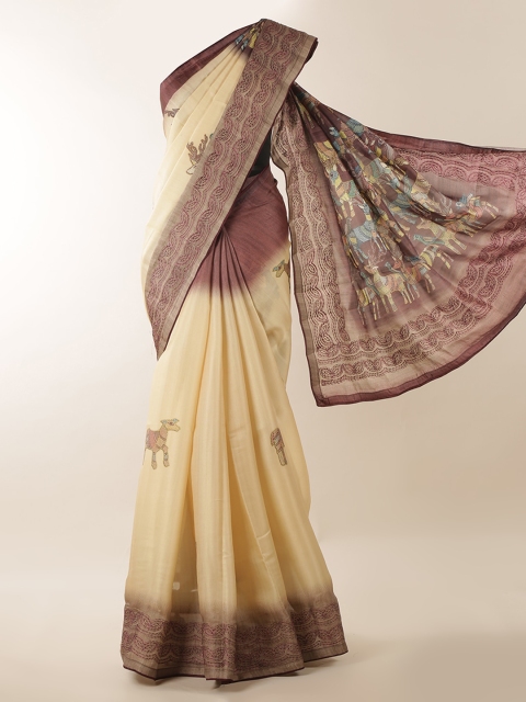 

Pothys Cream-Coloured Solid Jute Silk Saree
