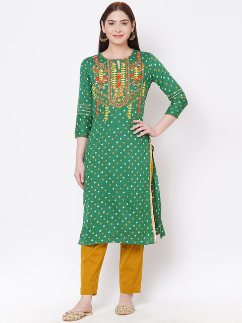 

FASHOR Women Green Embroidered Straight Kurta