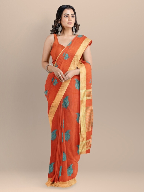 

BharatSthali Orange & Blue Silk Cotton Embroidered Maheshwari Handloom Sustainable Saree