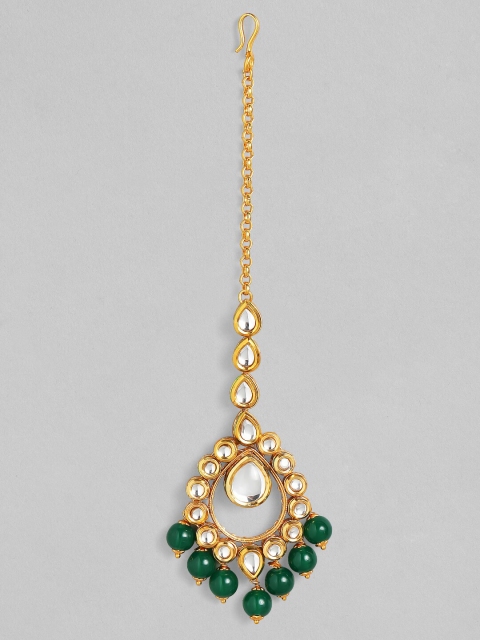 

Rubans 24K Gold-Plated White & Green Kundan Studded Pearl Beaded Handcrafted Maangtikka