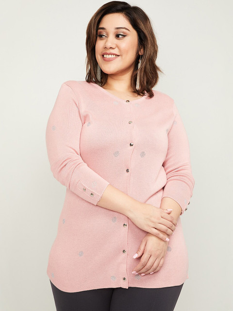 

nexus Women Pink & Silver-Toned Printed Cardigan Sweater