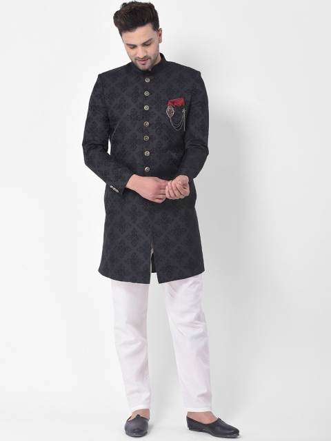 

LUXURAZI Men Black & White Embroidered Indo Western Sherwani Set