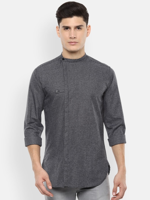 

V Dot Men Grey Slim Fit Checked Casual Shirt