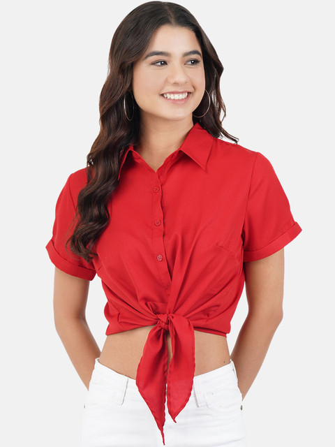 

JAAIVE Women Red Solid Crop Shirt Style Top