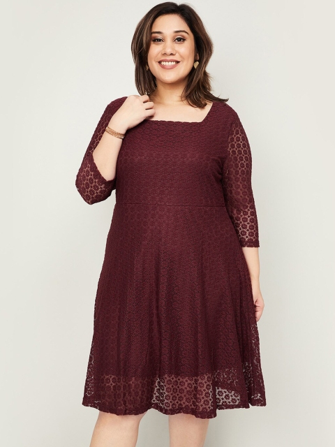 

nexus Women Plus Size Maroon Self Design Fit and Flare Dress
