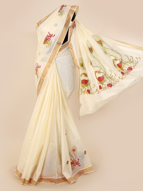 

Pothys Cream-Coloured & Pink Pure Cotton Embroidered Saree