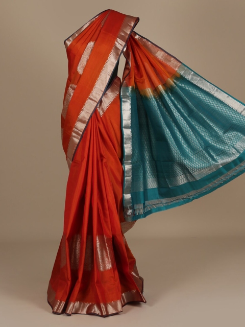 

Pothys Orange & Blue Pure Silk Solid Saree