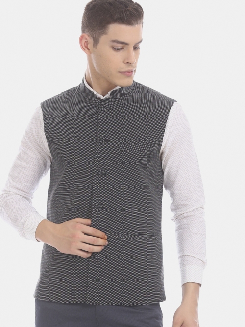 

True Blue Men Black & Grey Woven Design Nehru Jacket