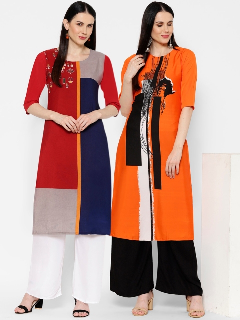 

7Threads Women Pack Of 2 Printed Straight Kurtas, Maroon