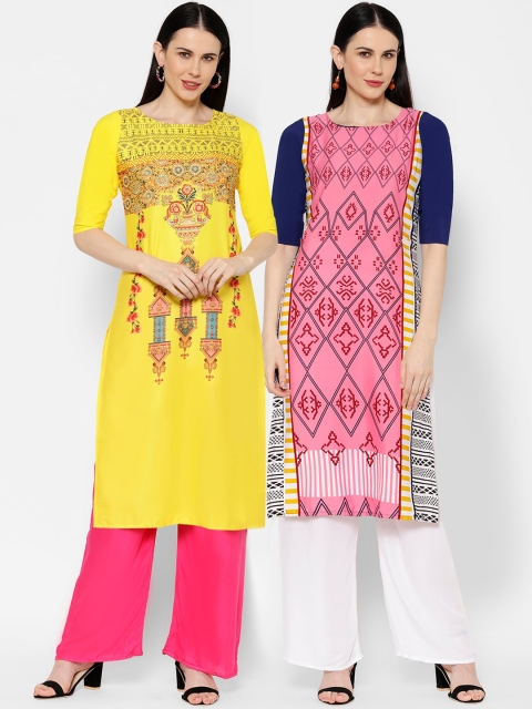 

7Threads Women Pack Of 2 Printed Straight Kurta, Yellow