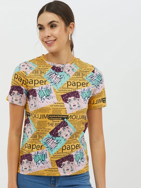 

Harpa Women Yellow Printed Round Neck T-shirt