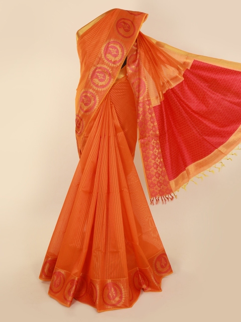 Pothys Orange & Pink Silk Cotton Striped Saree