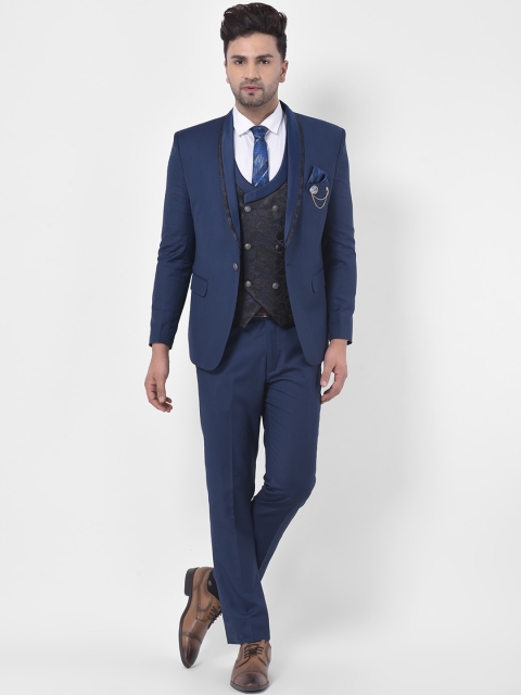 

LUXURAZI Men Blue Solid Single-Breasted Tailored-Fit Three-Piece Tuxedo Party Suit