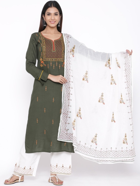 

WomenMagic Women Green & White Embroidered Kurti with Palazzos & Dupatta