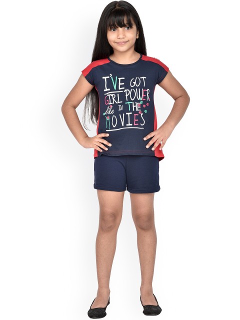 

ORANGE PUMPKKIN Girls Navy Blue & Orange T-Shirt With Shorts Set