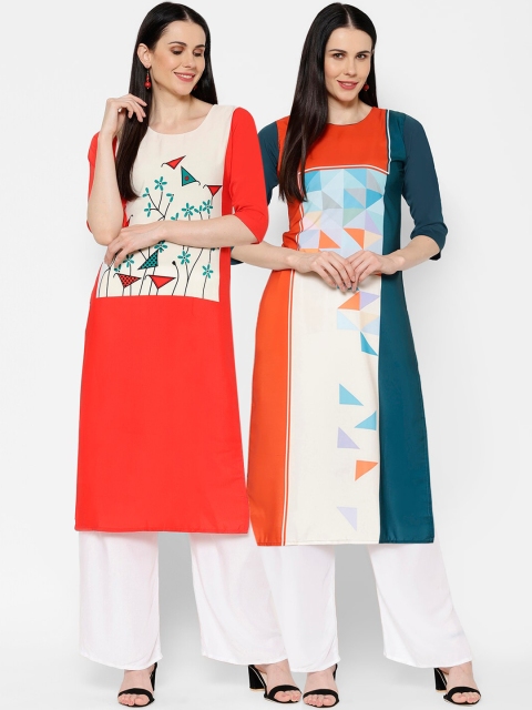 

7Threads Women Pack Of 2 Printed Straight Kurtas, Red