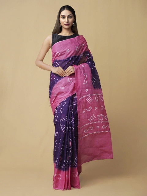 

Unnati Silks Violet & Pink Pure Cotton Printed Handloom Bandhani Saree