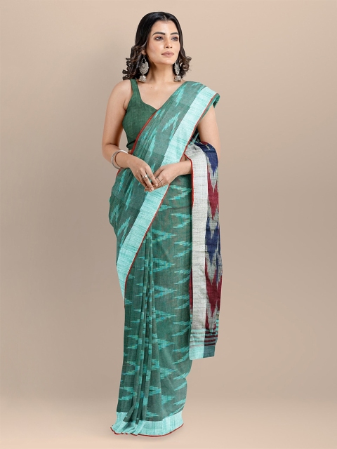 

BharatSthali Green & Navy Blue Pure Cotton Woven Design Pochampally Handloom Sustainable Saree