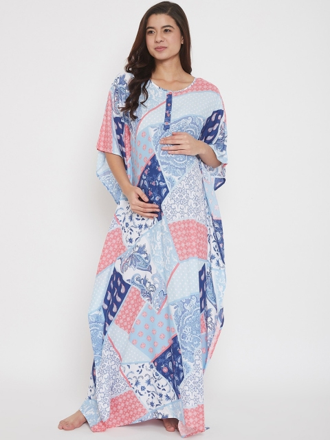 

The Kaftan Company Women Blue & White Printed Maxi Maternity Nightdress