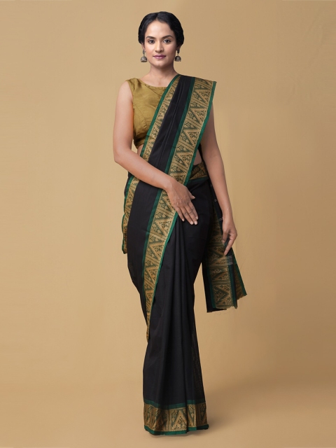 

Unnati Silks Black Pure Cotton Solid Handloom Kanjeevaram Saree