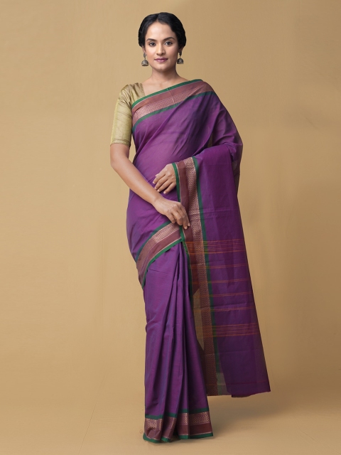 

Unnati Silks Purple & Maroon Pure Cotton Solid Kanjeevaram Saree