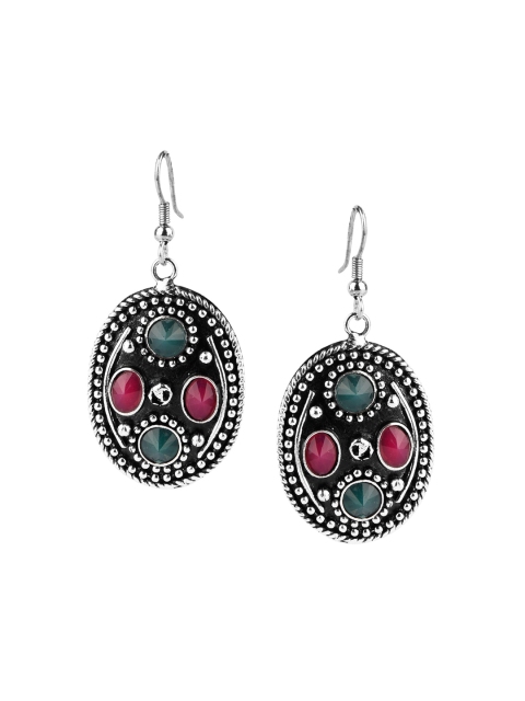 

DESI COLOUR Silver-Toned & Green Contemporary Drop Earrings