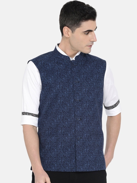 

True Blue Men Navy Blue Woven Design Waistcoat