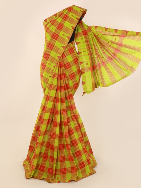 

Pothys Green & Red Pure Cotton Checked Saree