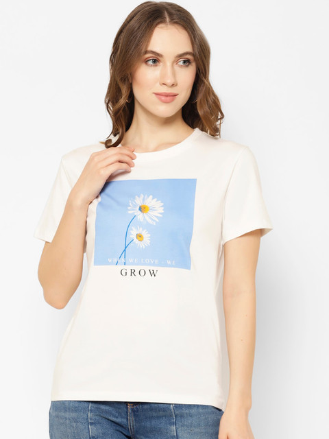 

COASTLAND Women White Printed Round Neck T-shirt