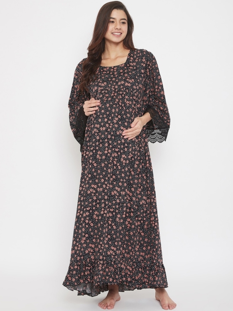 

The Kaftan Company Women Black & Pink Printed Maxi Maternity Nightdress