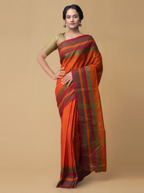 Unnati Silks Orange Pure Cotton Solid Chettinad Saree