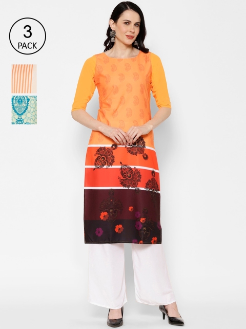 

7Threads Women Pack Of 3 Orange & Blue Printed Straight Kurta