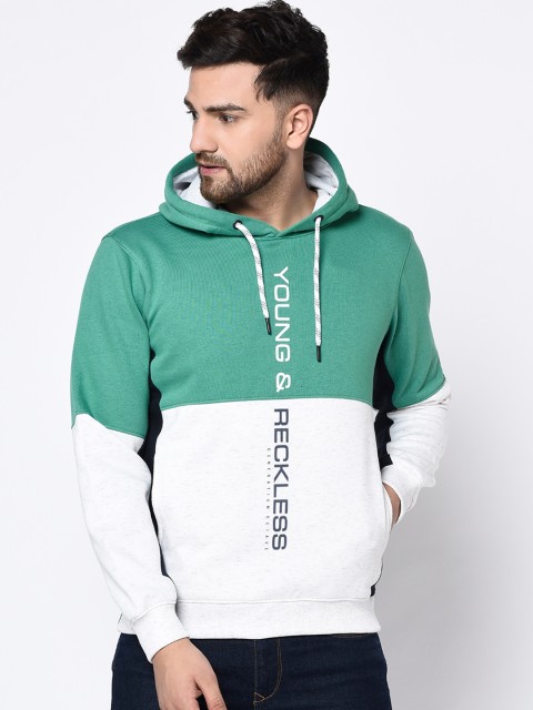 Octave Men Green & White Colourblocked Hooded Sweatshirt