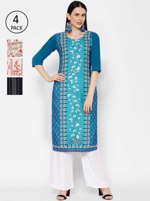 

7Threads Women Pack Of 4 Printed Straight Kurtas, Blue