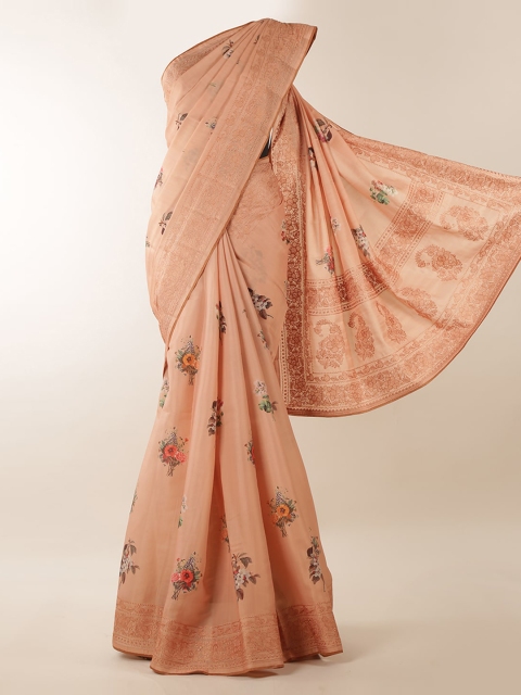 

Pothys Peach-Coloured & Green Jute Silk Printed Saree