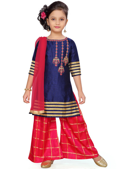

Aarika Girls Navy Blue Embroidered Yoke Design Kurta with Red Checked Palazzos & Dupatta