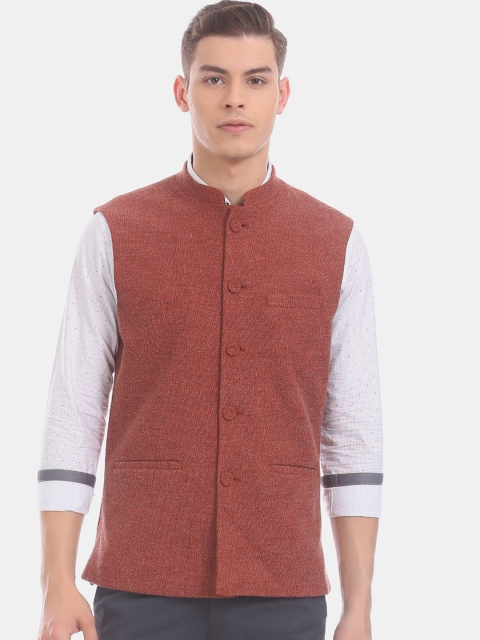 

True Blue Men Rust Brown Slim Fit Patterned Knit Waistcoat