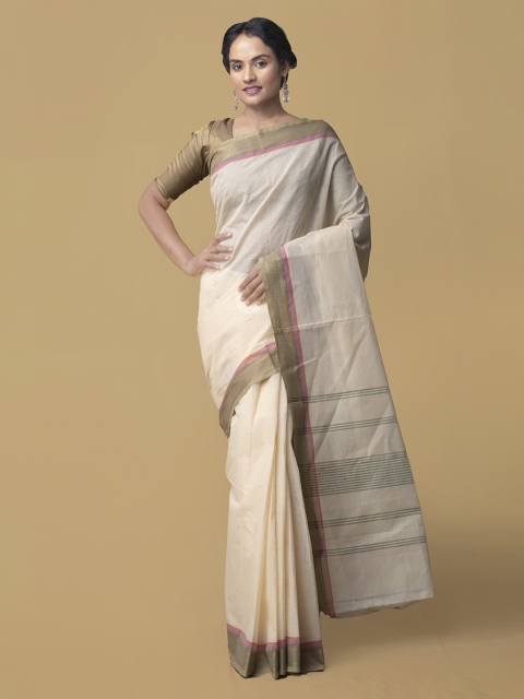 

Unnati Silks Cream-Coloured Pure Cotton Solid Kanjeevaram Saree