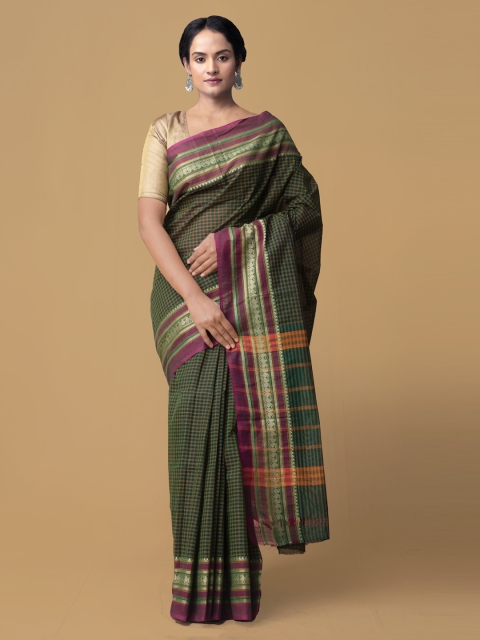 

Unnati Silks Green Pure Cotton Checked Chettinad Saree
