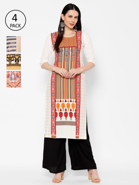 

7Threads Women Pack Of 4 Printed Straight Kurtas, Yellow