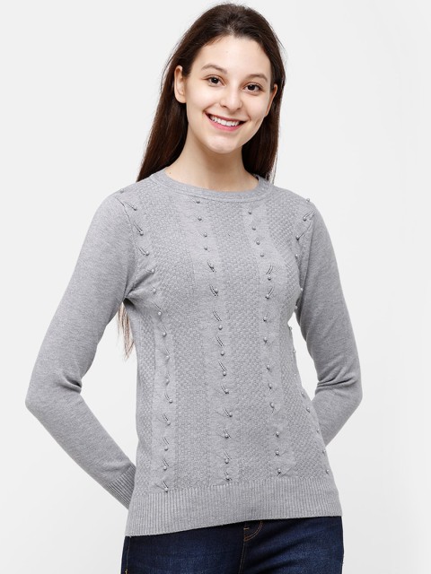 

STROP Women Grey Self Design Loose-Fit Pullover Sweater