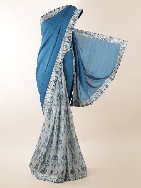 Pothys Blue Printed Jute Silk Saree