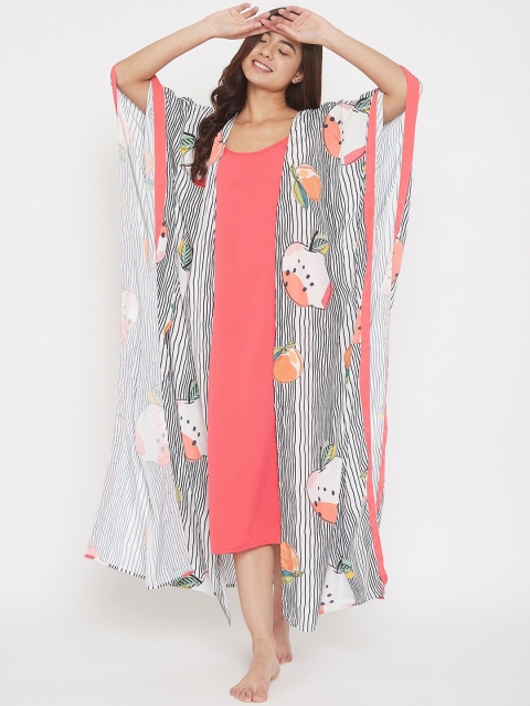 

The Kaftan Company Women White & Pink Solid Nightdress With Printed Kaftan Robe