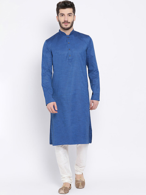 

NAMASKAR Men Navy Blue & Navy Blue Woven Design Straight Kurta