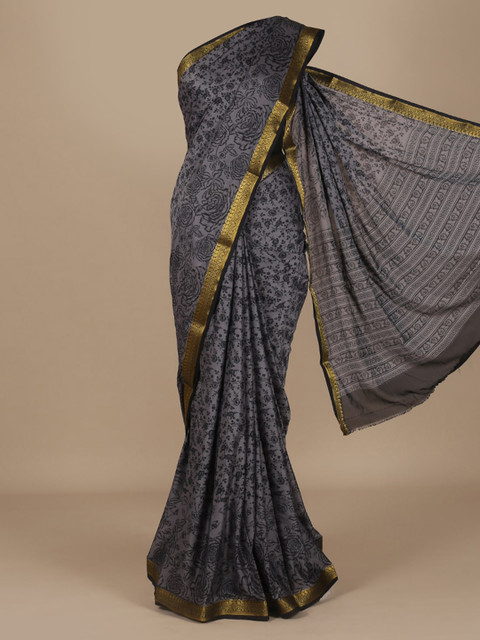 

Pothys Grey Floral Printed Poly Crepe Saree