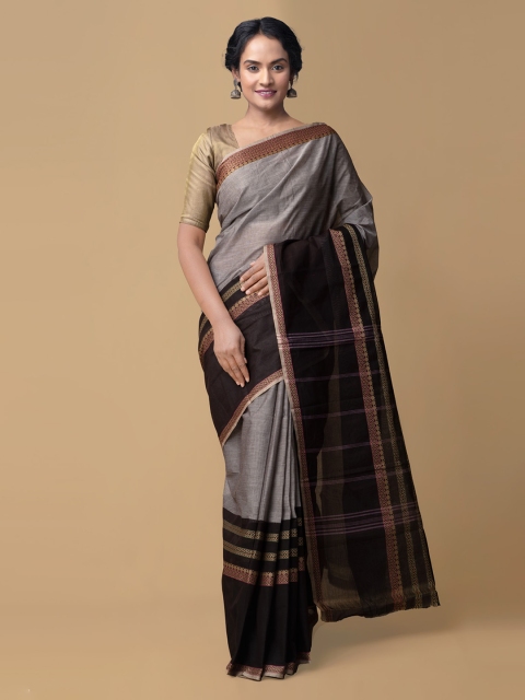 

Unnati Silks Grey & Black Pure Cotton Colourblocked Kanjeevaram Saree